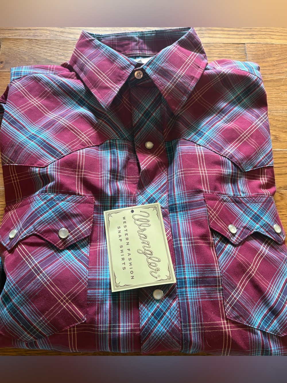 Wrangler Pearl Snap LS Western Shirt, Burgundy/Blue, Size L, NWT